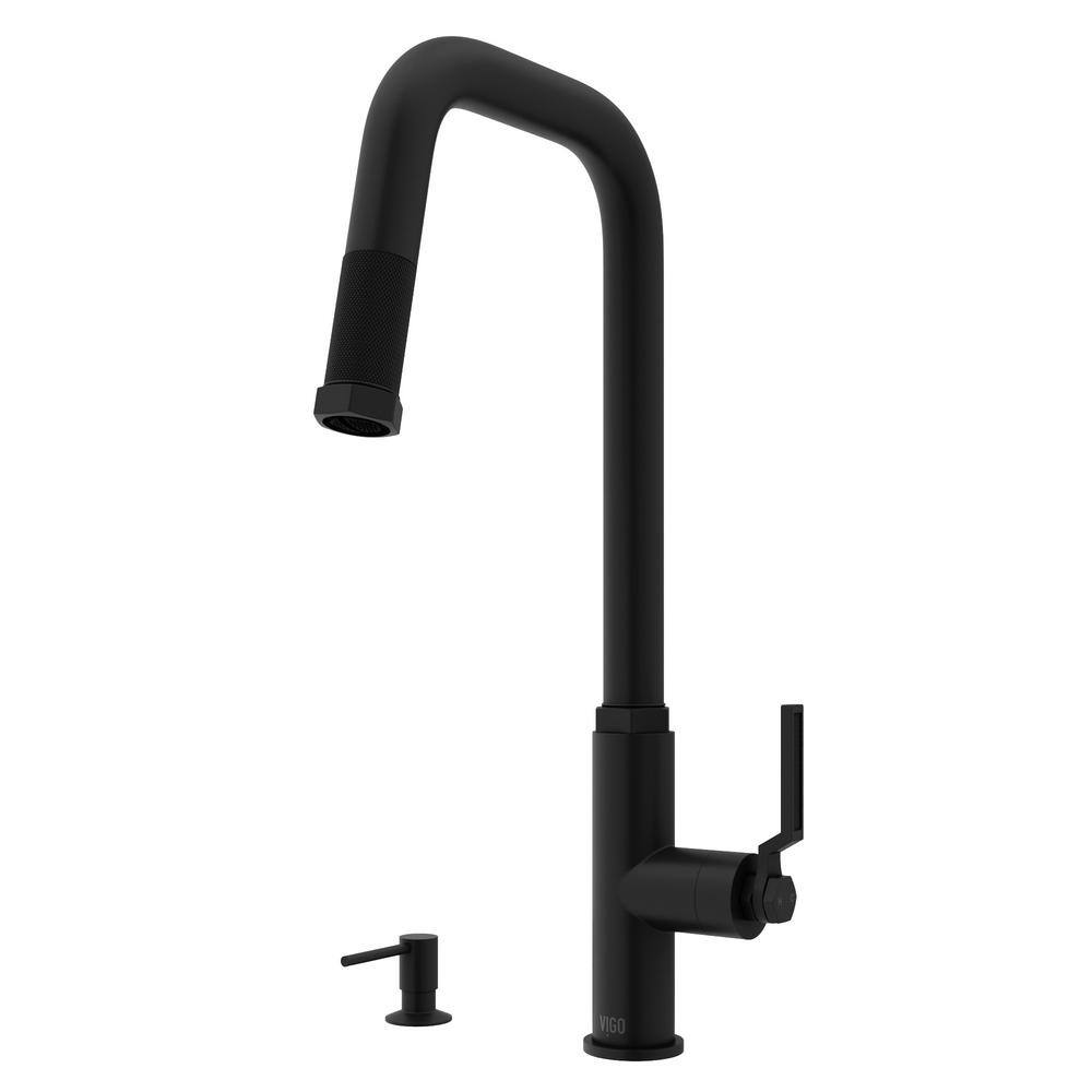 VIGO Hart Angular Single Handle Pull-Down Spout Kitchen Faucet Set with Soap Dispenser in Matte Black VG02036MBK2