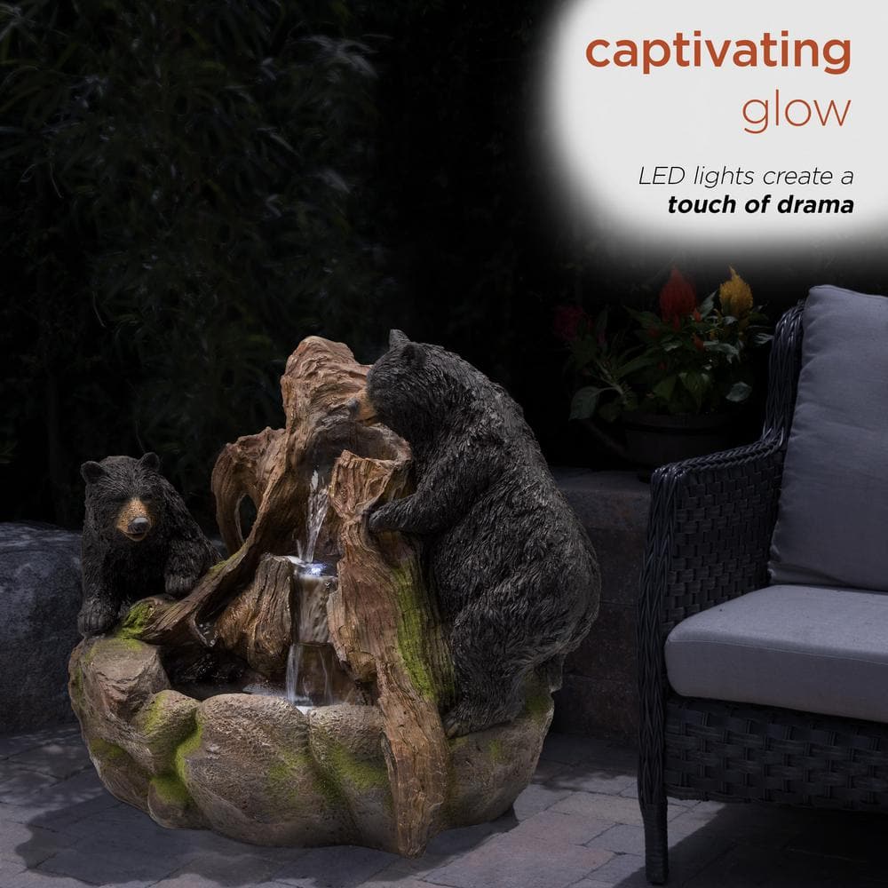 Alpine Corporation 24 in. Tall Outdoor 2 Bears Climbing on Rainforest Water Fountain with LED Lights GXT252