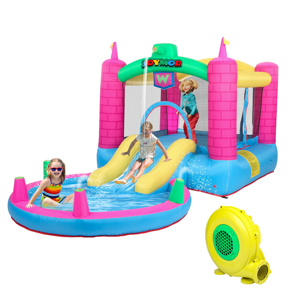 JOYMOR Bounce House Inflatable Jumping Castle Splash Pool, Water Slide Bouncer Indoor/Outdoor Playhouse Party Gift for Kids Age 3-8 w/ Air Blower ( Tank )