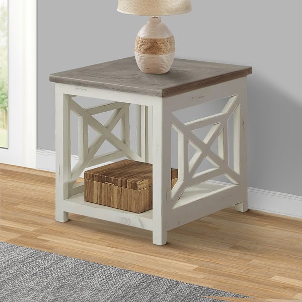 Solid Wood Farmhouse End Table with X Shape Side Panels， White and Brown