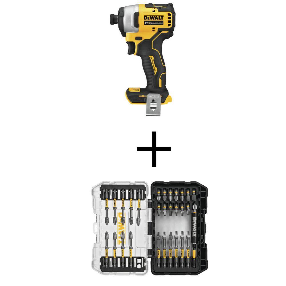 DW ATOMIC 20V MAX Cordless Brushless Compact 14 in. Impact Driver and MAX IMPACT Screwdriving Set (30-Piece) DCF809BWMI30