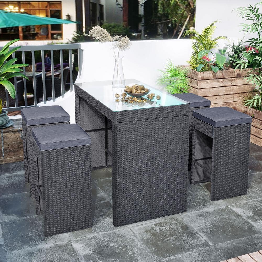 Tunearary 5-Piece Gray Wicker Patio Bar Furniture Set Outdoor Dining Table Set 4 Stools with Gray Cushion SH000238AAEHZP