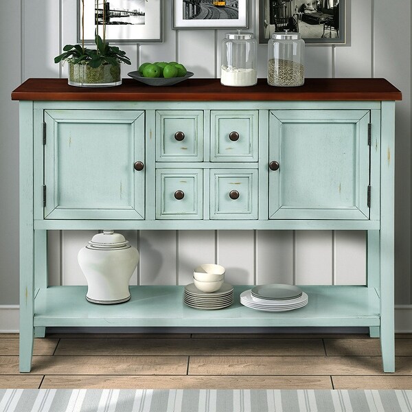 Wooden Console Table with 4 Storage Drawers and 2 Cabinets， Sofa Table with Bottom Shelf and Solid Wood Legs， Retro Blue