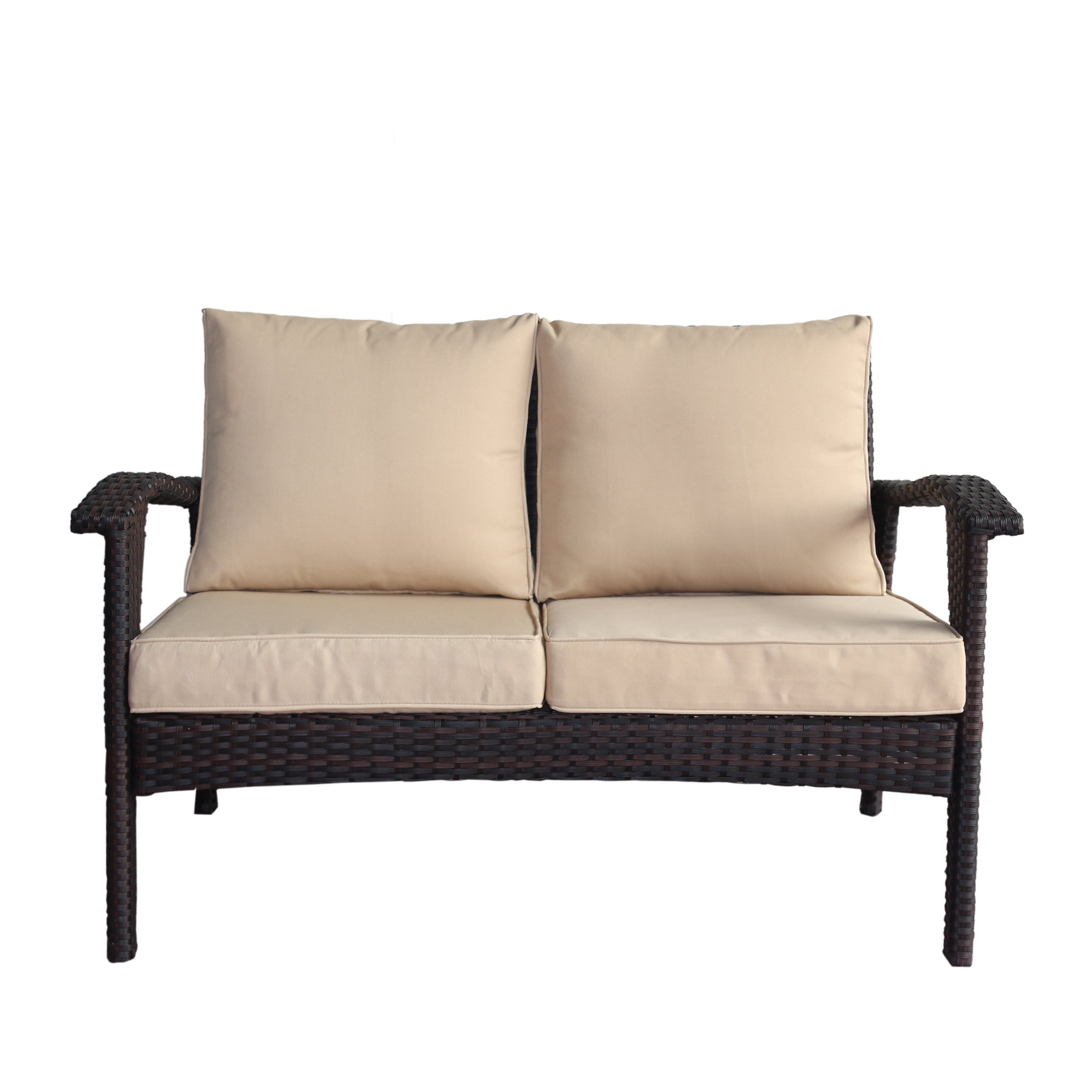 Hilary Outdoor Brown Wicker Loveseat with Water Resistant Cushions