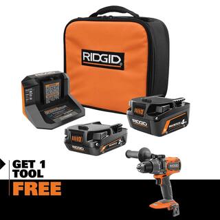 RIDGID 18V MAX Output 4.0 Ah 2.0 Ah Batteries and Charger with FREE 18V Brushless 12 in. High Torque Hammer DrillDriver AC8400240SB-R861152B