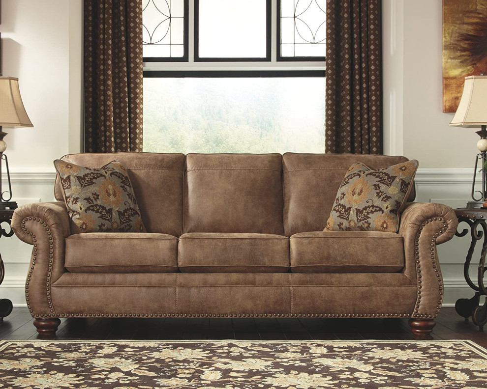 Elegant Traditional Sofa  Faux Leather Seat  ampRolled Arms With Nailhead  Earth   Traditional   Sofas   by Decor Love  Houzz