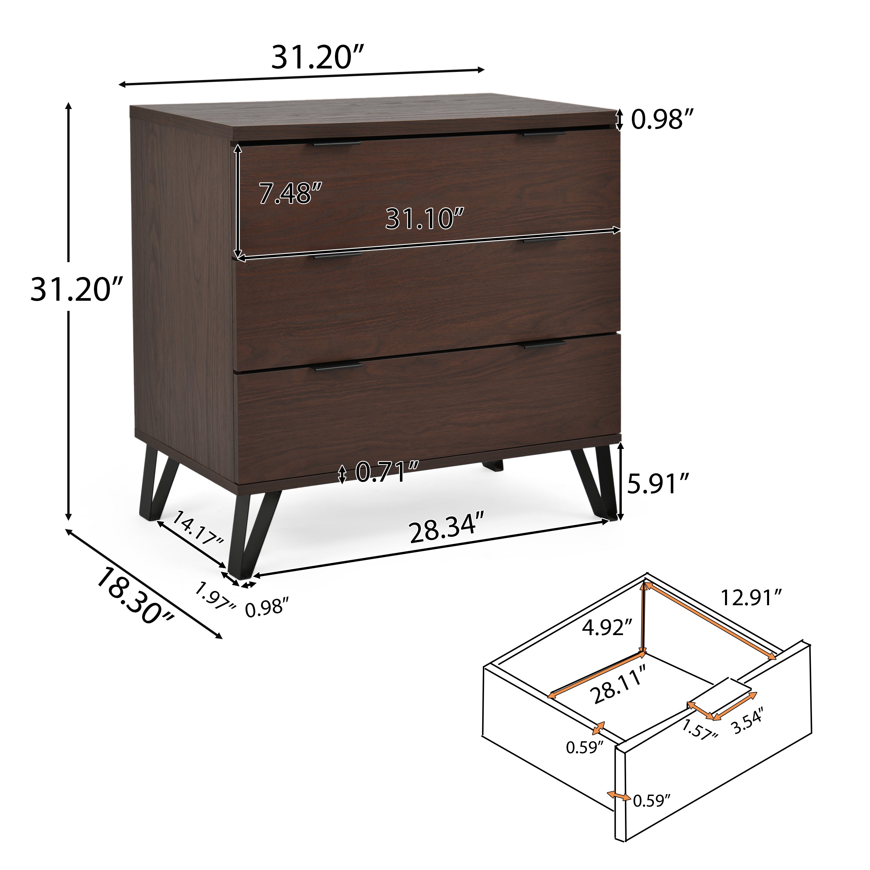 Demijen Modern Industrial 3 Drawer Wide Dresser, Walnut and Matte Black