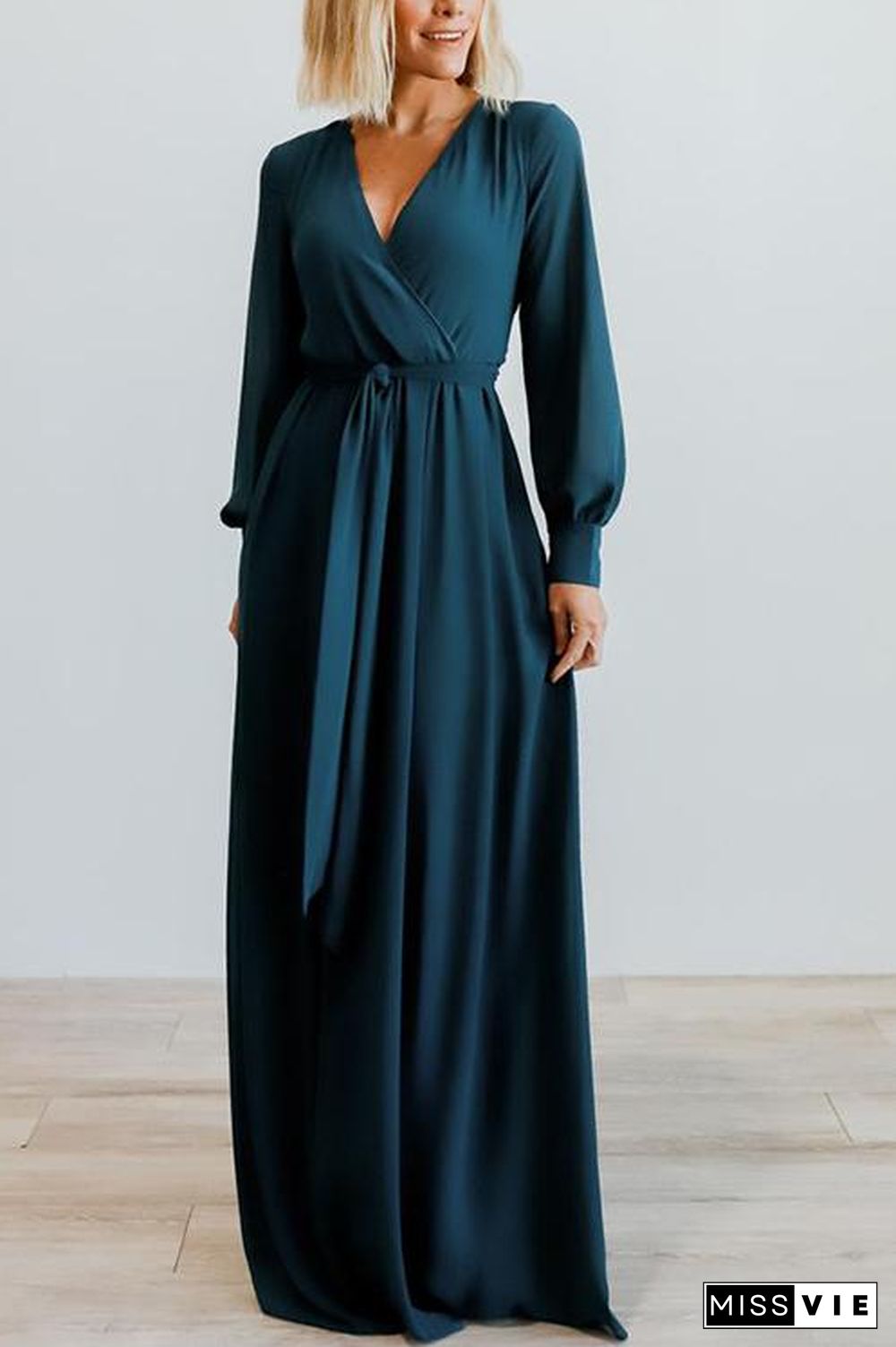 Button Puff Sleeve Belted Maxi Dress