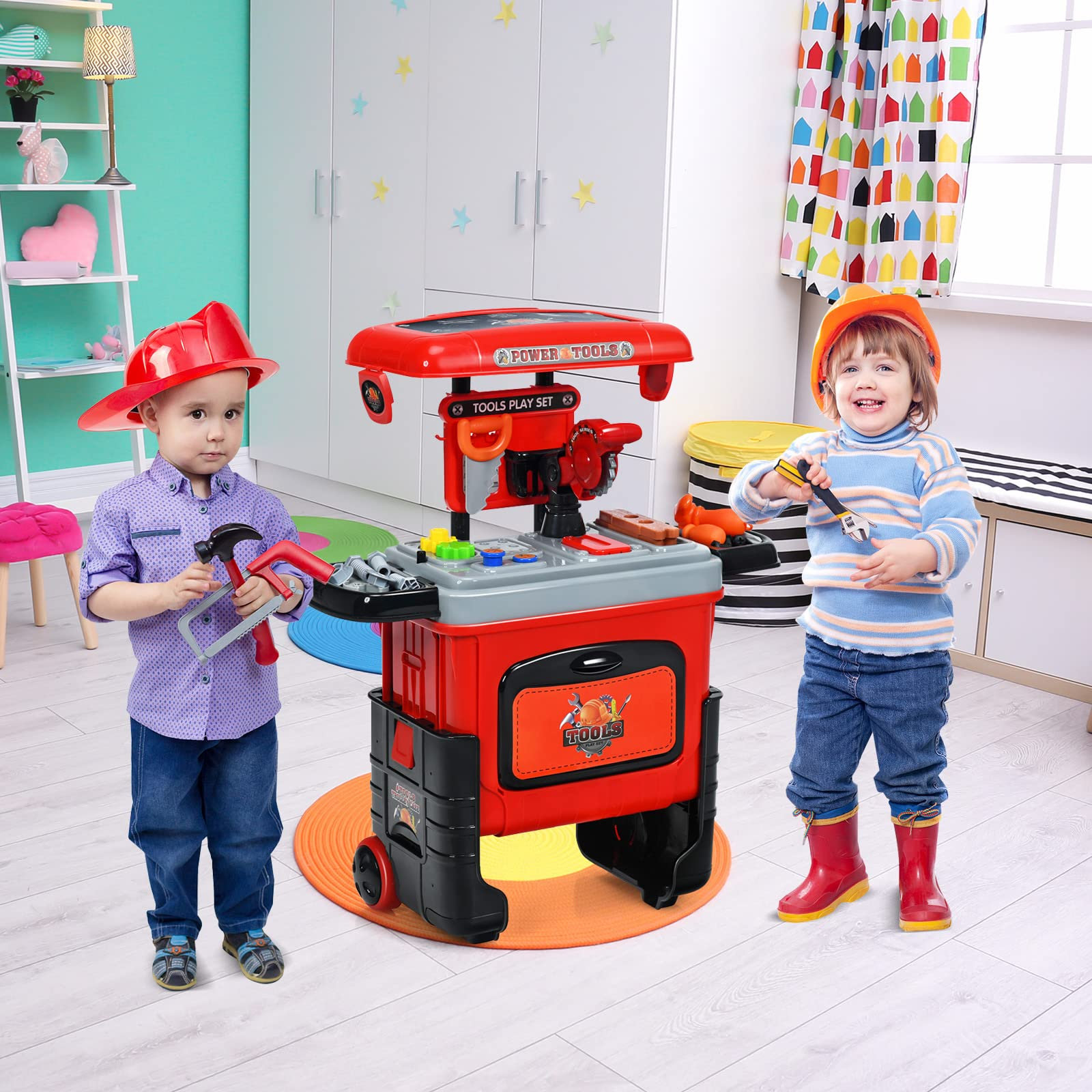 Costzon 2 in 1 Kids Tool Workbench Toy Set, Portable Construction Toy w/ Trolley Case Set for Toddlers