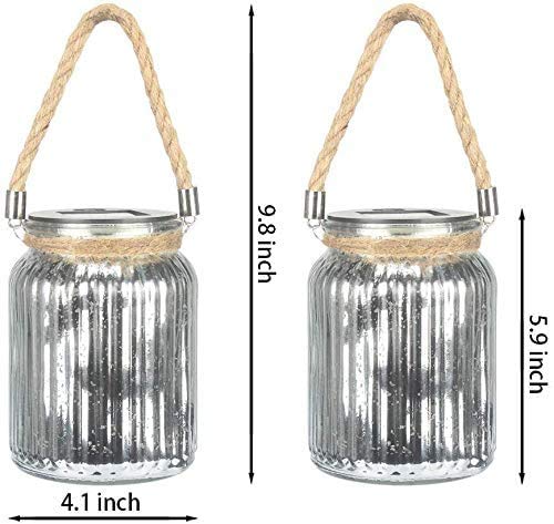 Hanging Solar Lantern Lights Outdoor 2 Pack，20 LED Solar Mercury Glass Mason Jar Hanging Lights Waterproof for Tree， Table， Yard， Garden， Patio， Holiday Party Outdoor Decor， Color Changing