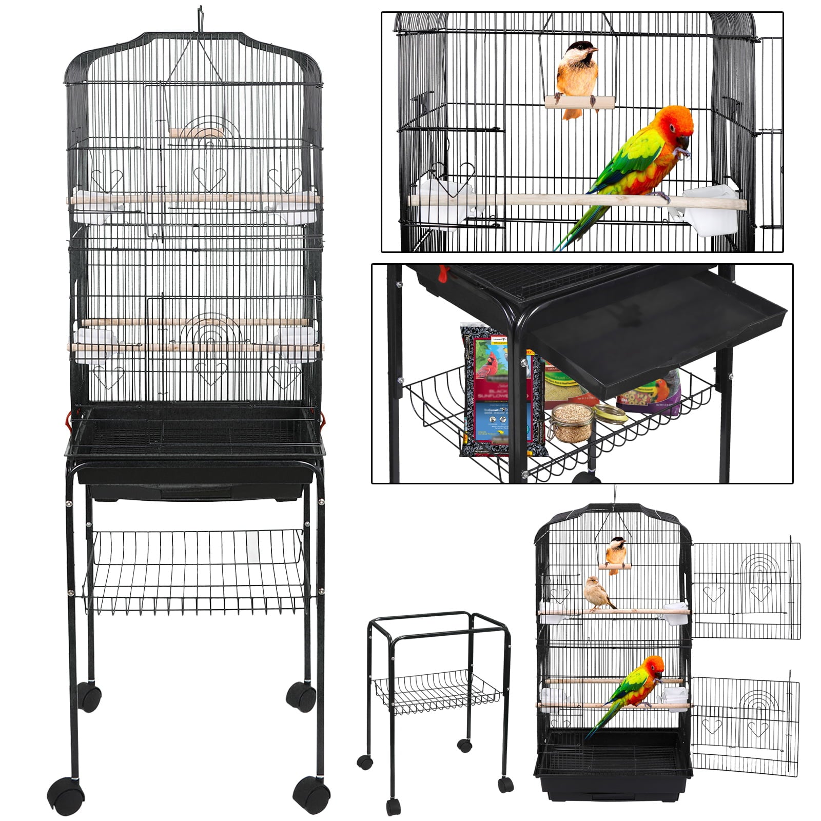 generic 59'' Bird Cage Large Wrought Iron Cage for Cockatiel Sun Conure Parakeet with Rolling Stand