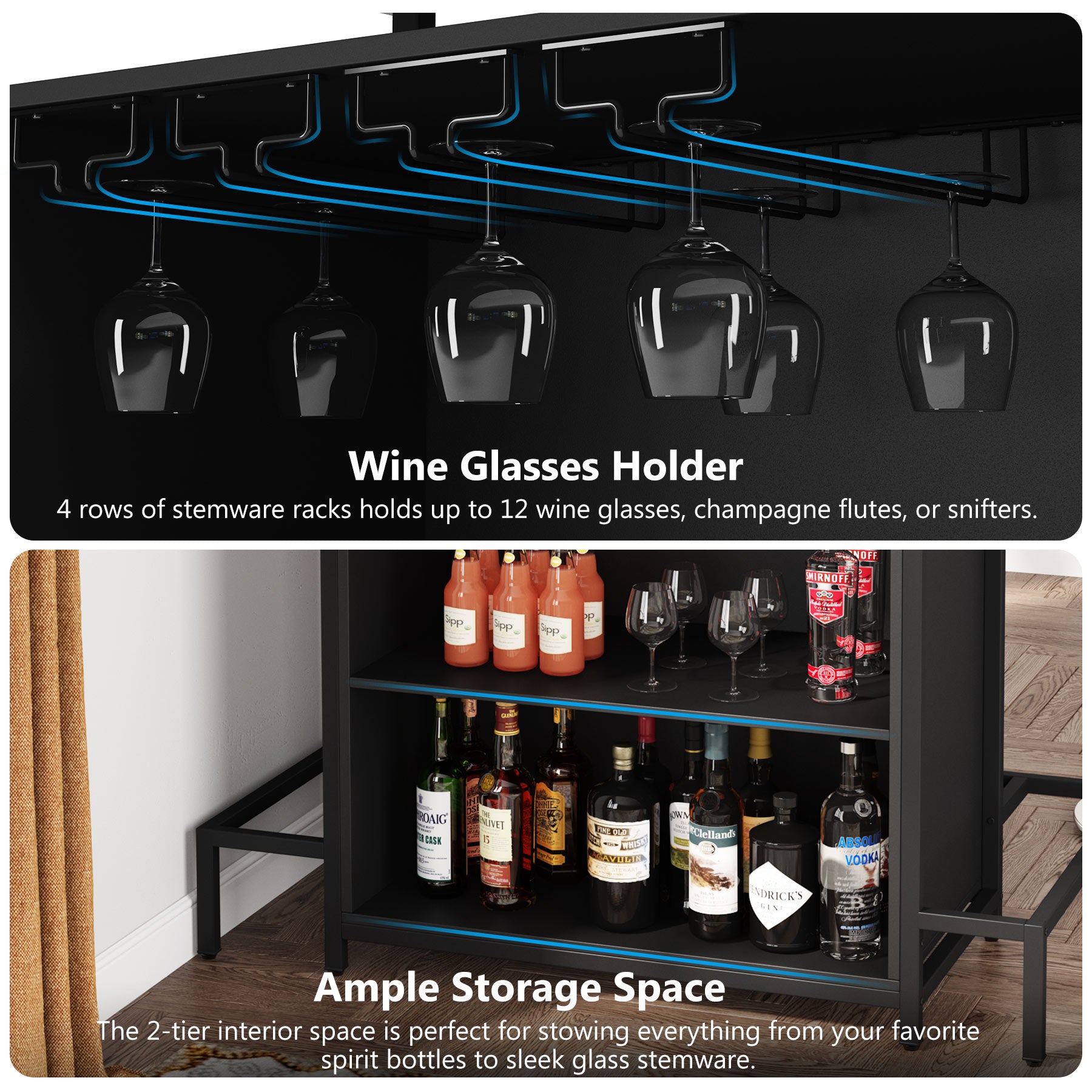 Industrial Home Bar Unit, 3-Tier Liquor Bar Table with Glasses Holder