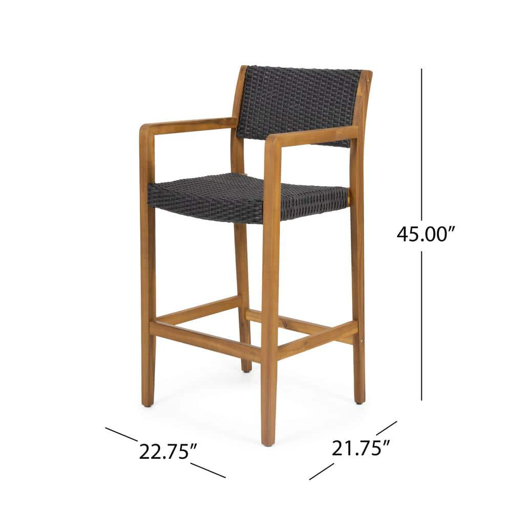 Noble House Genesee Teak Brown Wood Outdoor Bar Stool in Black Faux Wicker Seat (4-Pack) 82962