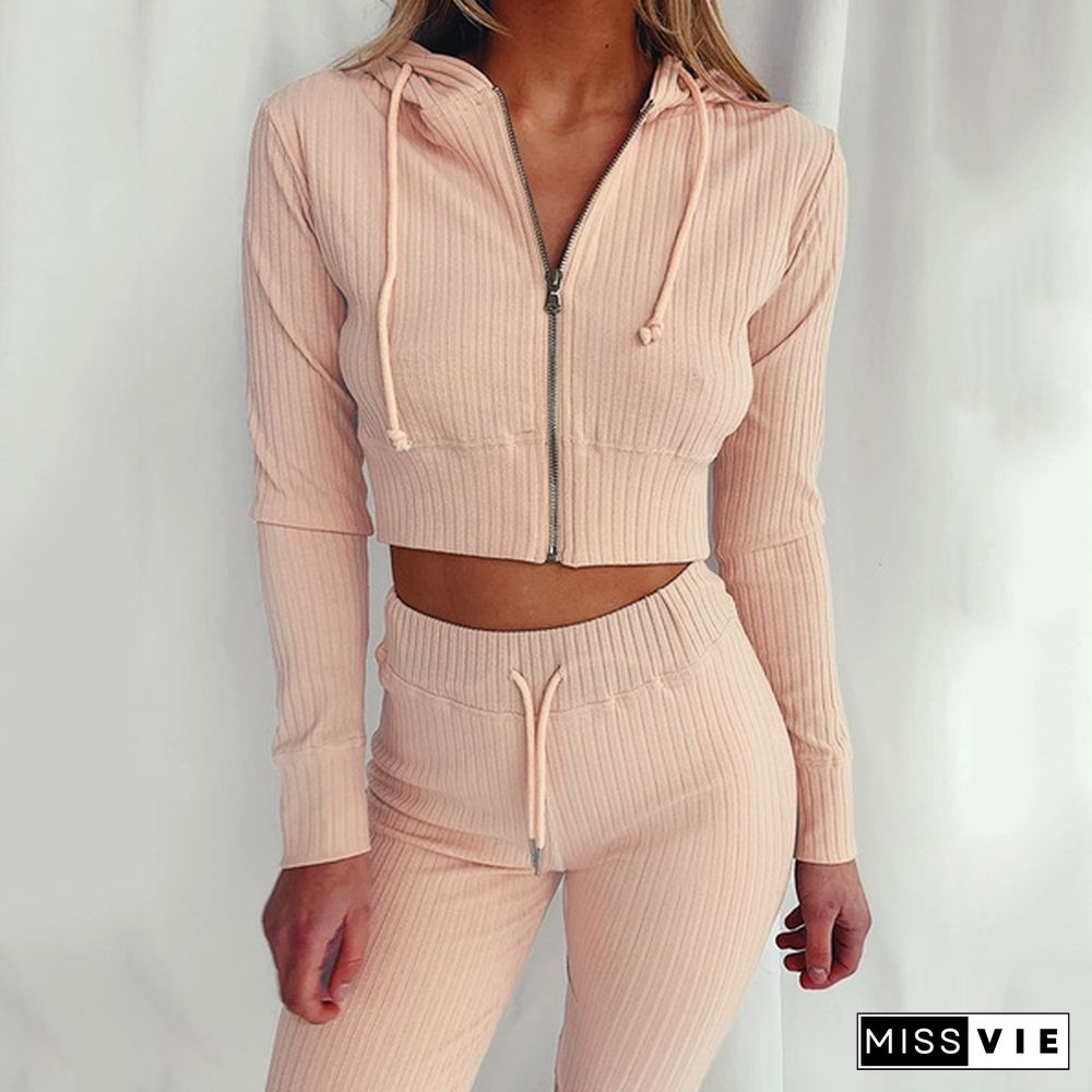 New Womens Tracksuit Zipper Sexy Long Sleeve Crop Tops Hoodies+Long Pants Two Piece Sets Sportwear Clothes 2 Piece Outfits Women