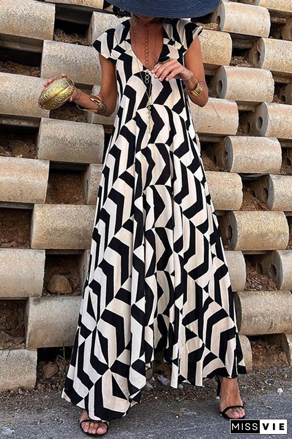 Casual Vintage Geometric Print Ripple Backless Asymmetrical V Neck Printed Dresses