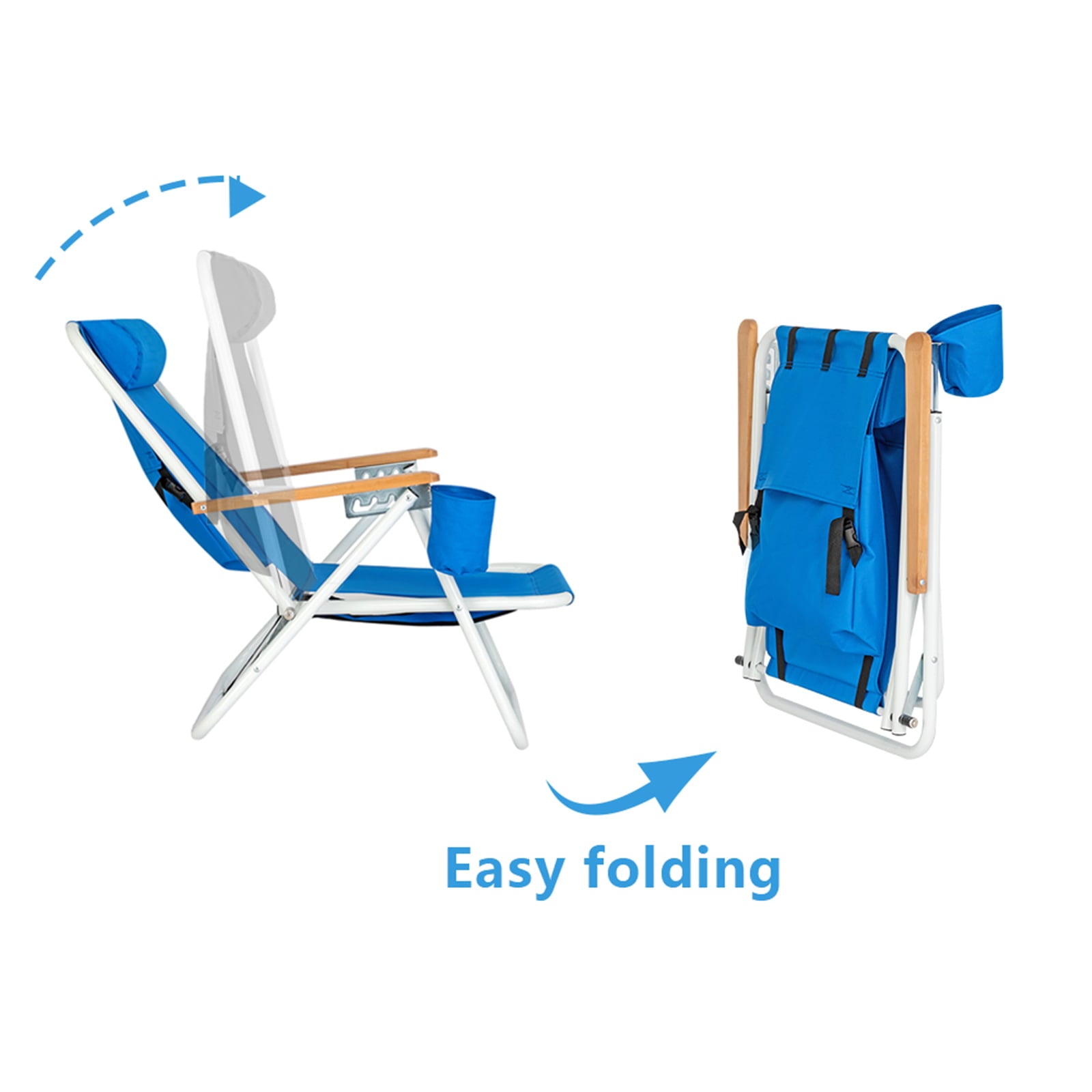 Portable High Strength Beach Chair，Patio Folding Lightweight Camping Chair， Outdoor Garden Park Pool Side Lounge Chair， with Cup Holder， Adjustable Headrest，Blue