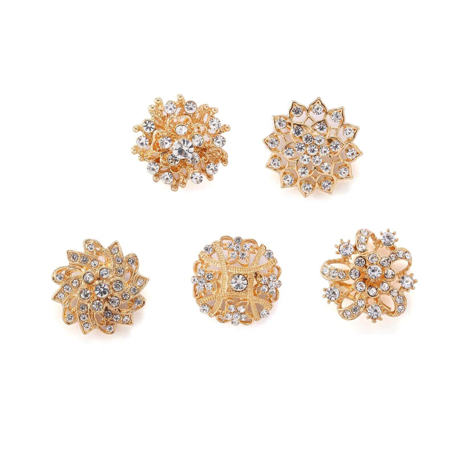 5 Pack Assorted Gold Plated Mandala Crystal Rhinestone Brooches Floral Sash Pin Brooch Bouquet Decor