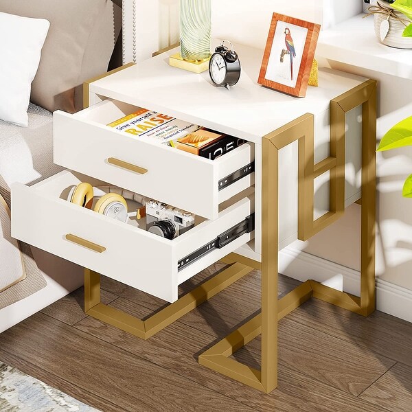 White and Gold Nightstand with 2 Drawers，End Table for Bedroom - - 36917906