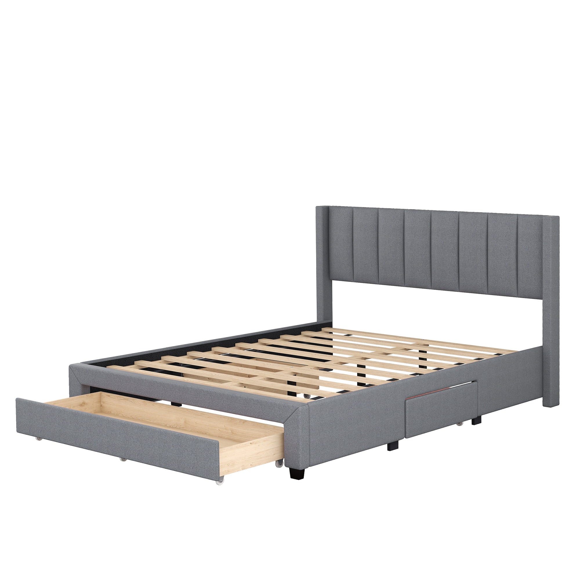 EUROCO Queen Size Upholstery Platform Bed with Three Storage Drawers for Bedroom, Gray