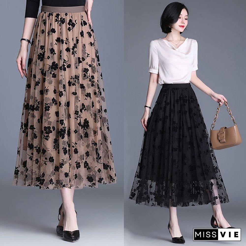 Wome Lace Long Skirt High Waist Tulle Skirts Ladies Summer Casual Loose Elegant Maxi Skirts