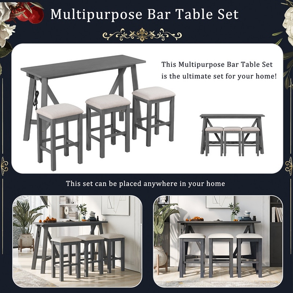 4 piece bar table with 3 upholstered stools， dining table， wooden bar table with USB port and power bank