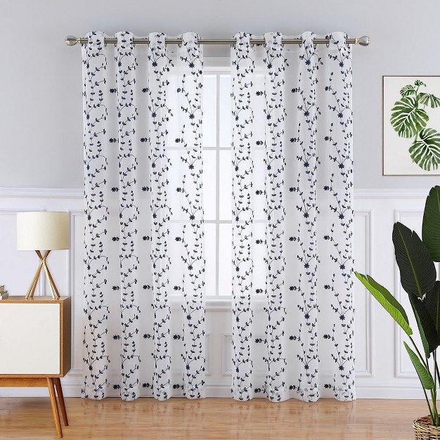 Trinity Embroidered Floral Sheer Curtains Grommet Voile Drapes For Living Room 2 Panels