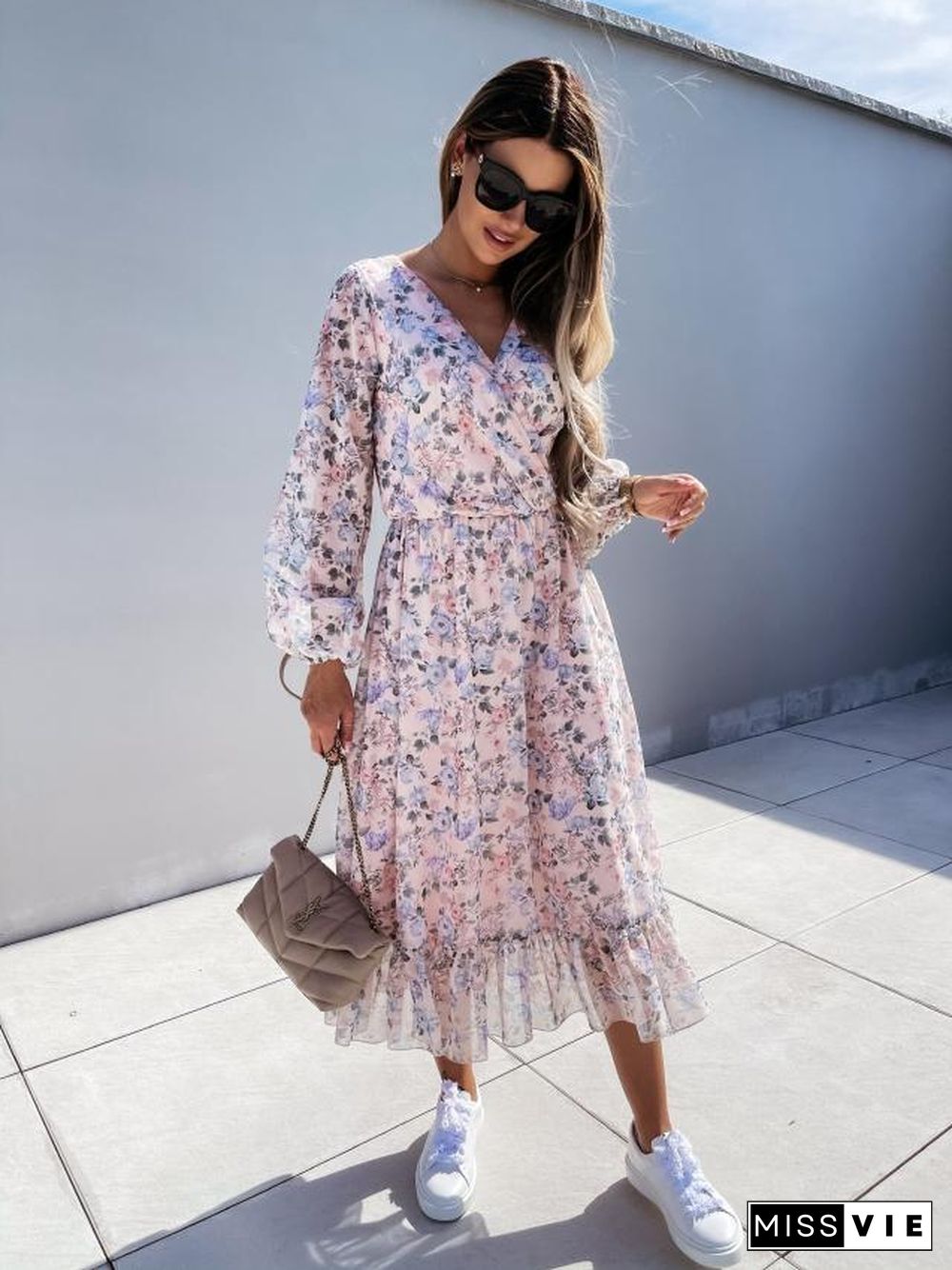 Cross V Neck Short Sleeve Midi Dress