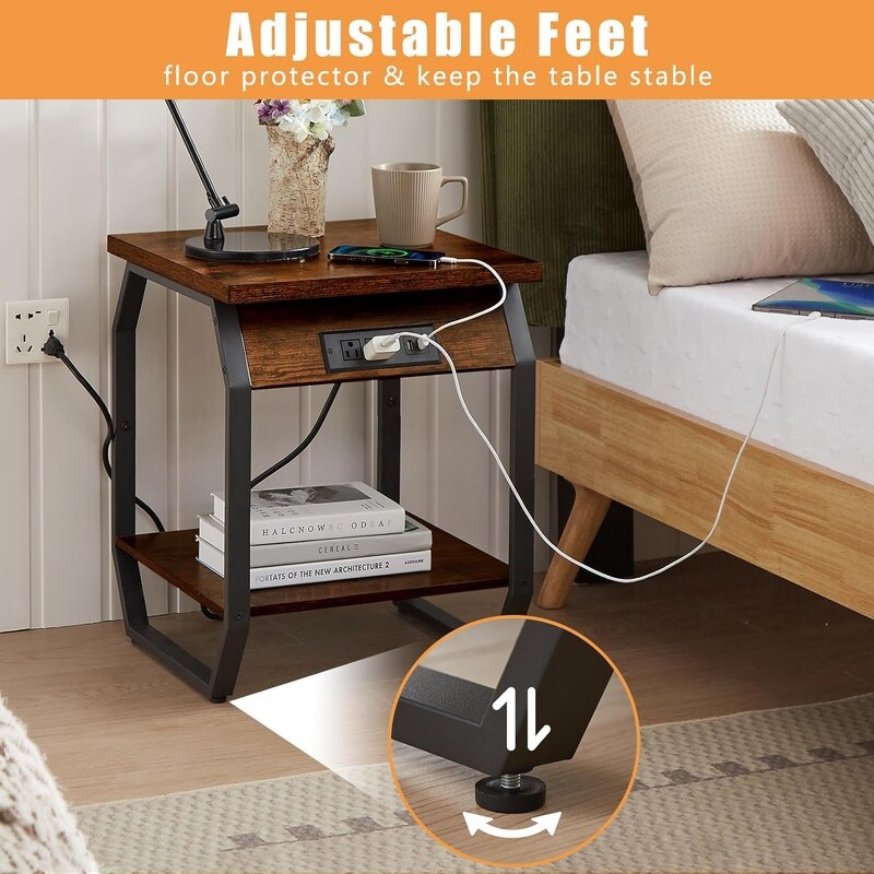 Nightstand with Charging Station Set of 2 Side Table with USB Ports