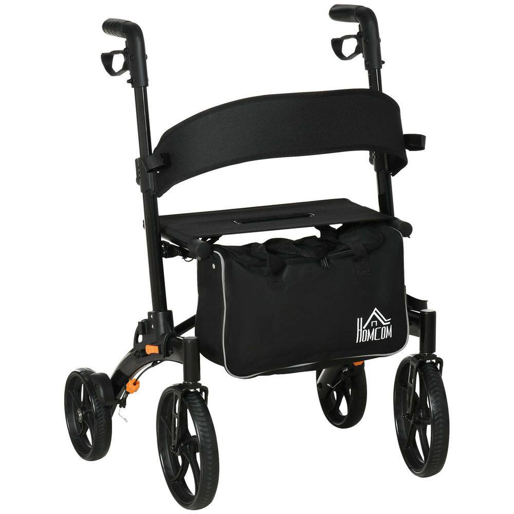 HOMCOM Black Aluminum Rollator Walker with 10'' Wheels Seat and Backrest Folding Upright Walker with Adjustable Handle Height 712-050V01BK