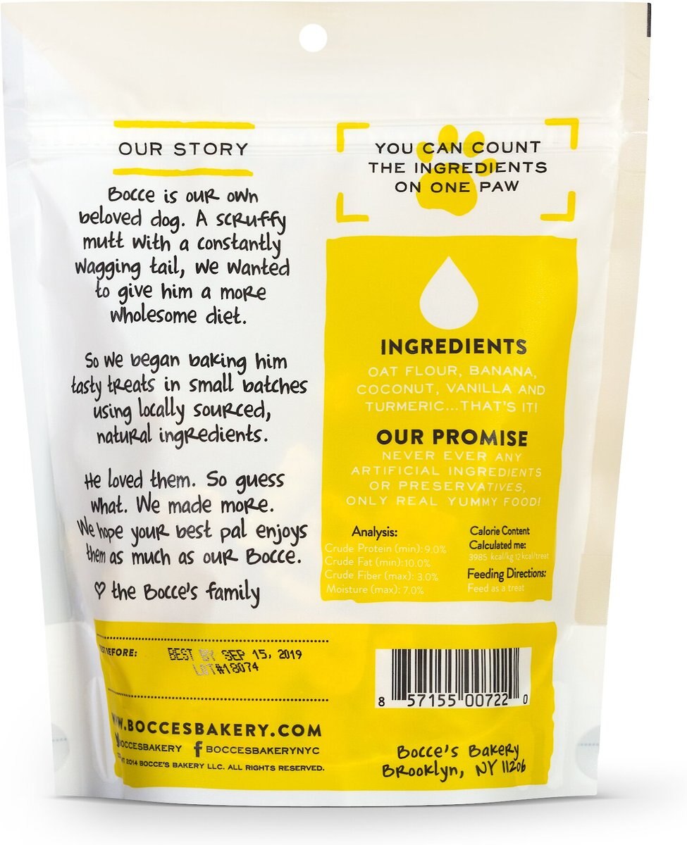 Bocce's Bakery Turmeric Latte Coconut， Vanilla and Turmeric Dog Treats， 5-oz bag