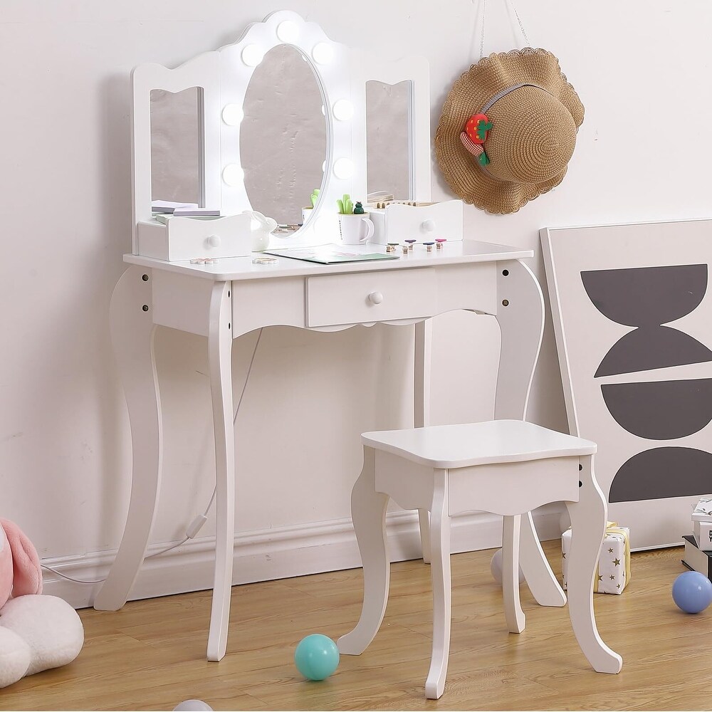 Girls Vanity Table with Tri Folding Mirror  Light Stool   Drawer