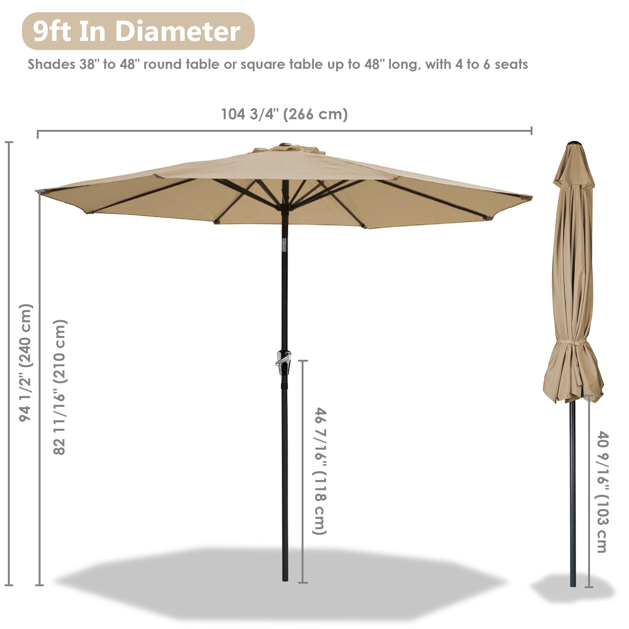 LAGarden 9 Ft Aluminum Outdoor Patio Umbrella Kit Brown with Crank Handle Tilt UV30+ Base Market Garden Beach Pool