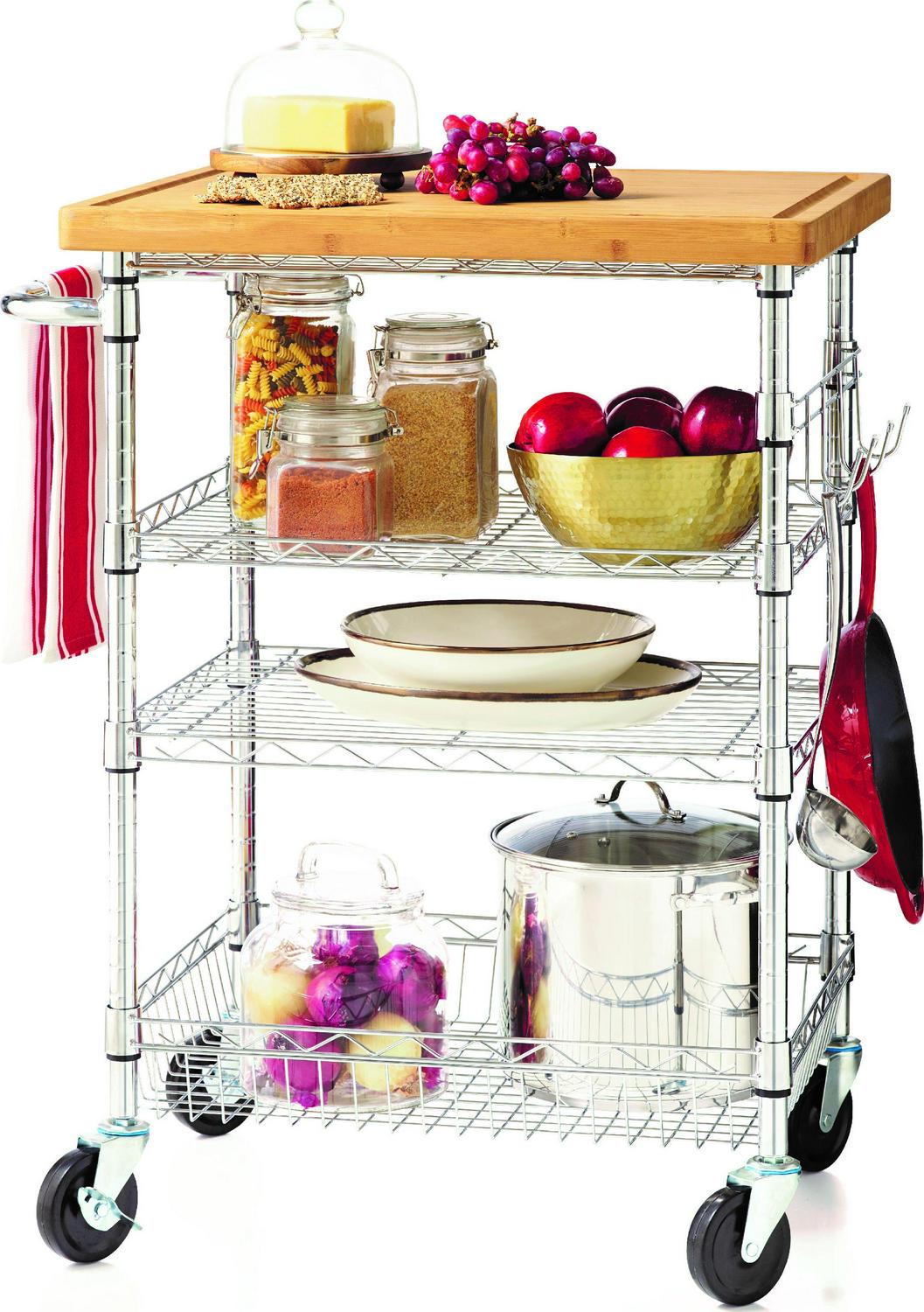 HSS 4 Tier Wire Shelf Cart with Bamboo Top Freestanding， 30.5 W x 22 D x 36.5 H， Chrome