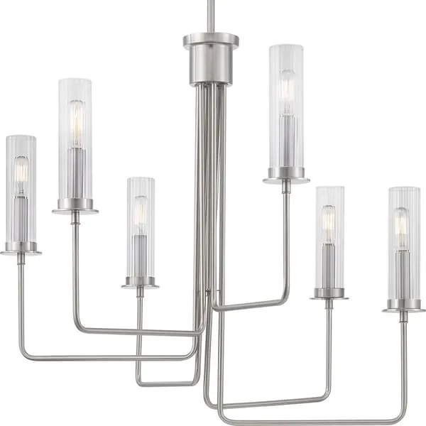 Rainey Collection 6-Light Brushed Nickel Clear Fluted Ribbed Glass Modern Chandelier Light - N/A
