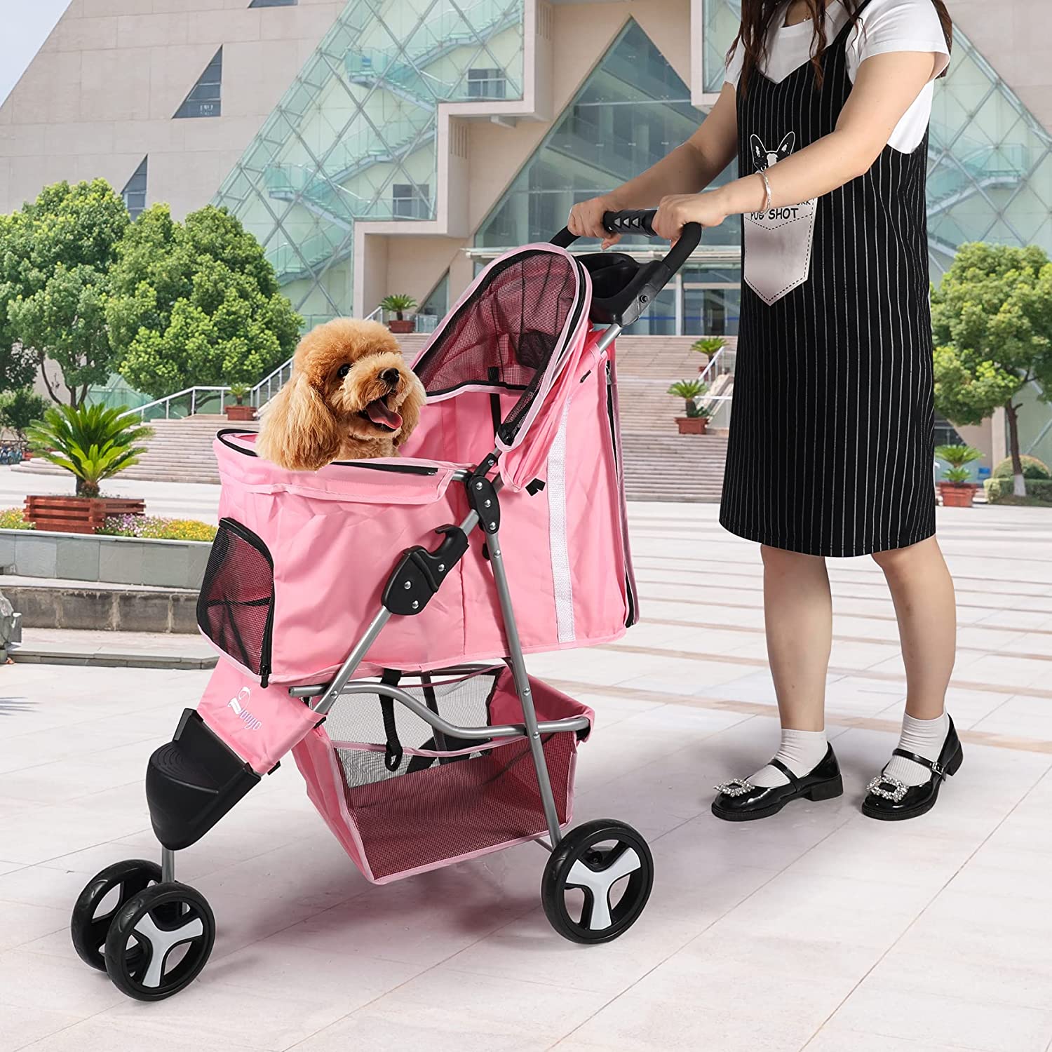 Lineslife 3 Wheels Pet Stroller， Foldable Carrier Strolling Cart for Small Medium Dogs and Cats， Pink