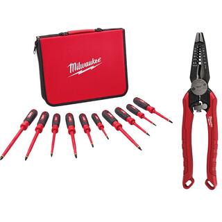 MW 1000-Volt Insulated Screwdriver Set and Case with 7-in-1 Wire Strippers Pliers (10-Piece) 48-22-2210-48-22-3078