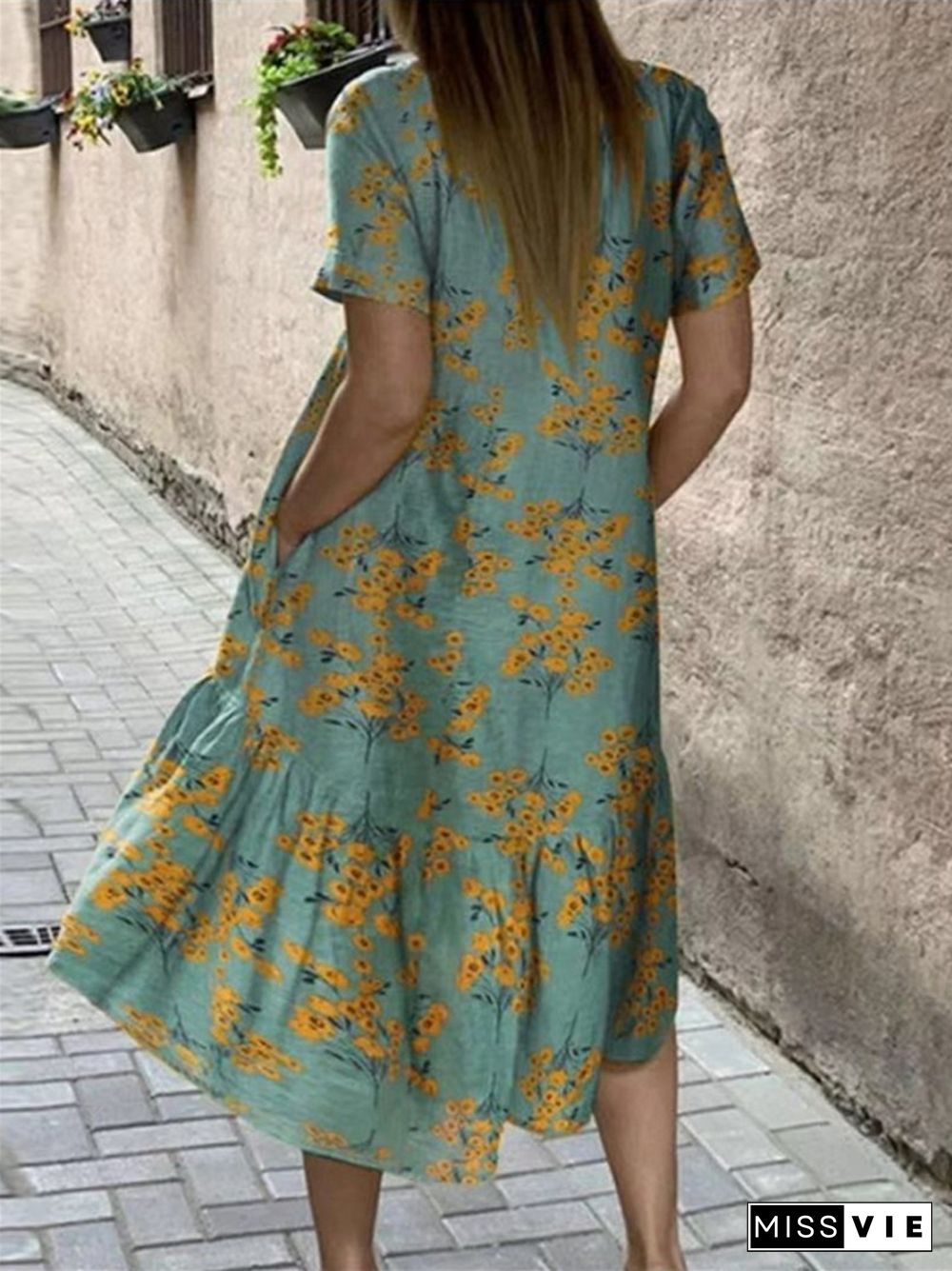 Flower Print Short Sleeve Plus Size Dress