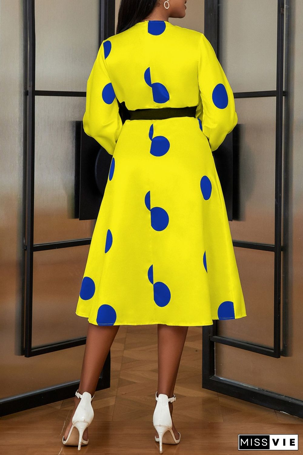 Casual Dot Print With Belt With Bow O Neck Long Sleeve Dresses