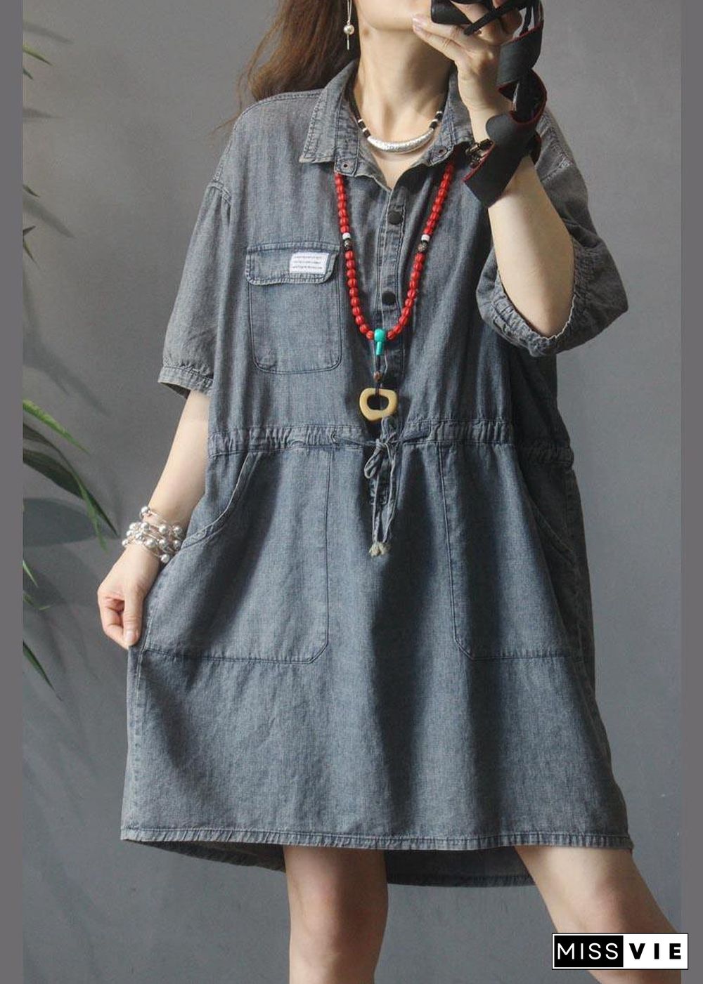 Elegant Denim tie waist Turn-down Collar Maxi Summer Cotton Dress