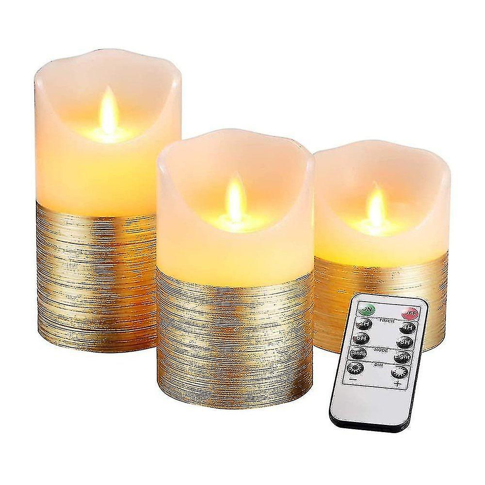 3 Set Gold Battery Operated Flameless Led Candles With 10 Button Remote Control And 24 Hour Timer