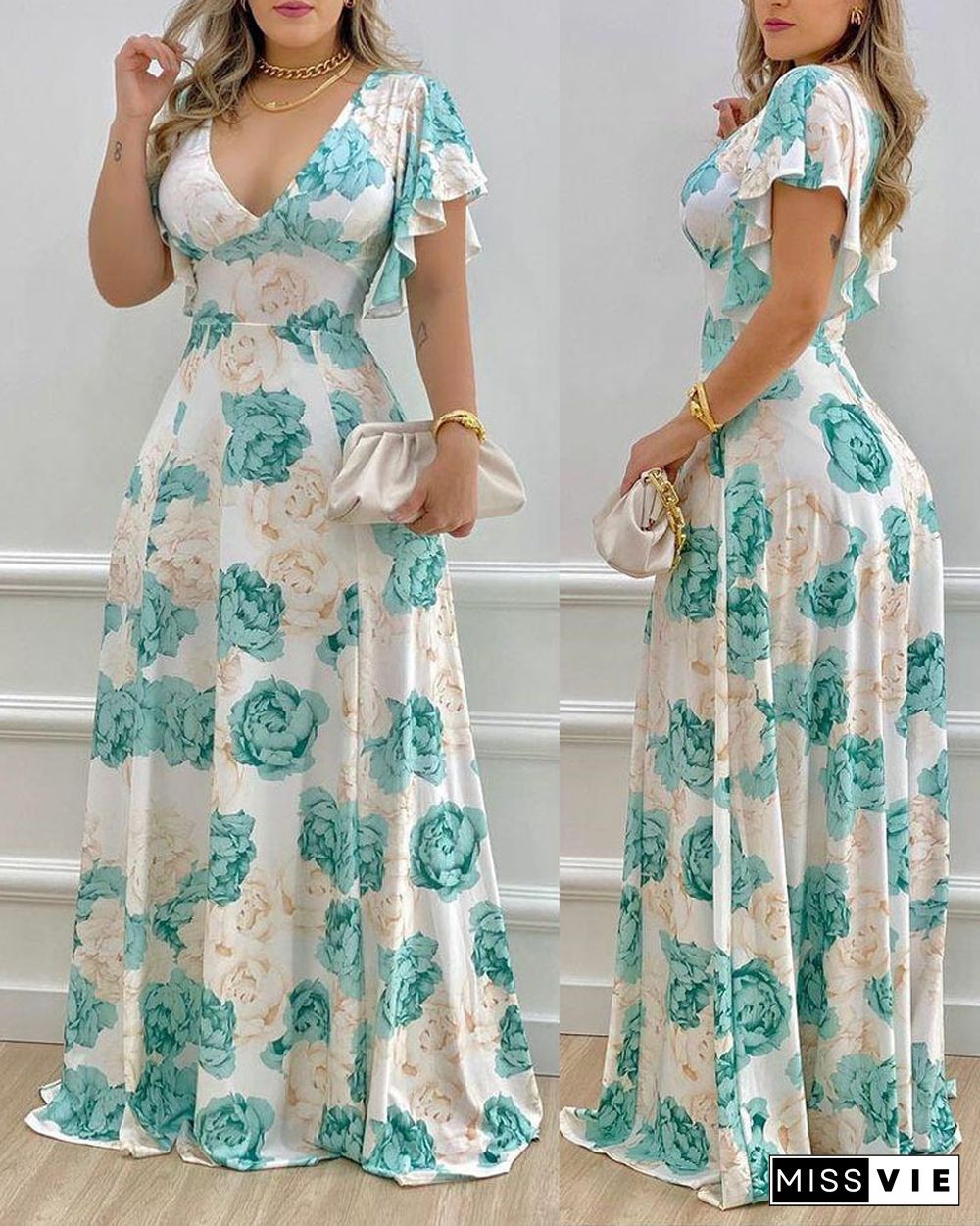 New Printed V-Neck Short Sleeve Waist Flare Sleeve Casual Maxi Dress