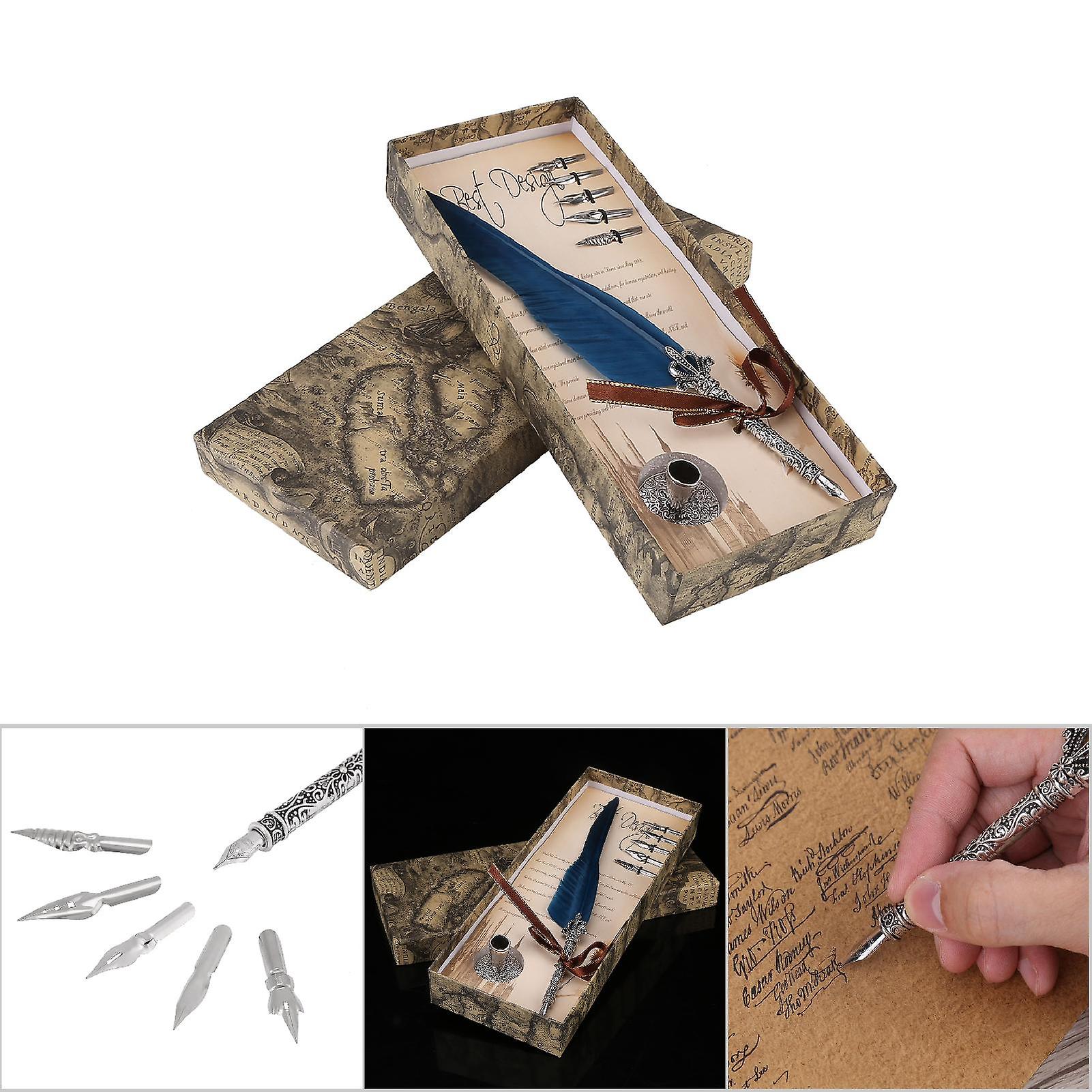 English Calligraphy Feather Dip Quill Pen Writing Set Stationery Gift Box With 5 Nibs Blue