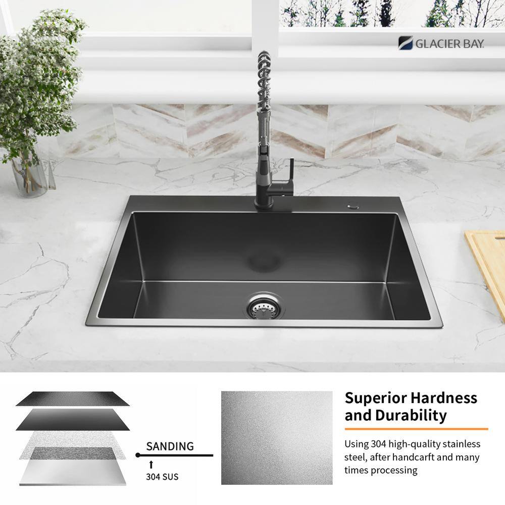 Glacier Bay Gunmetal Black Stainless Steel 33 in. 18 Gauge Single Bowl Dual Mount Kitchen Sink with Black Spring Neck Faucet ACS3322A1T-F