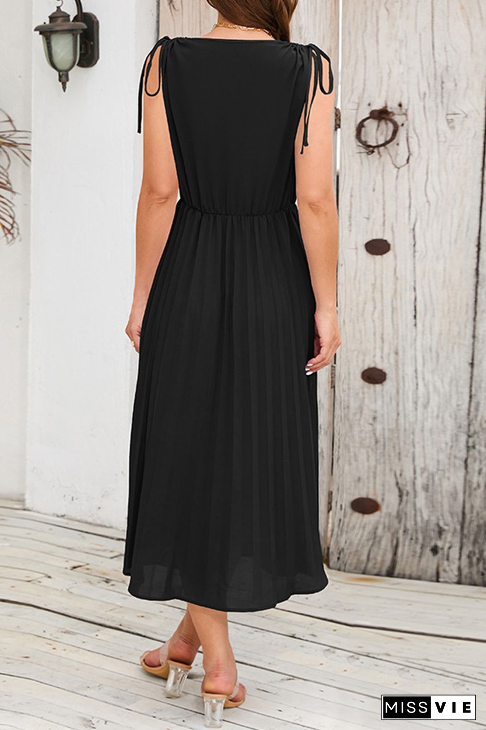 V Neck High Waist Ruched Neck Pleated Midi Dress