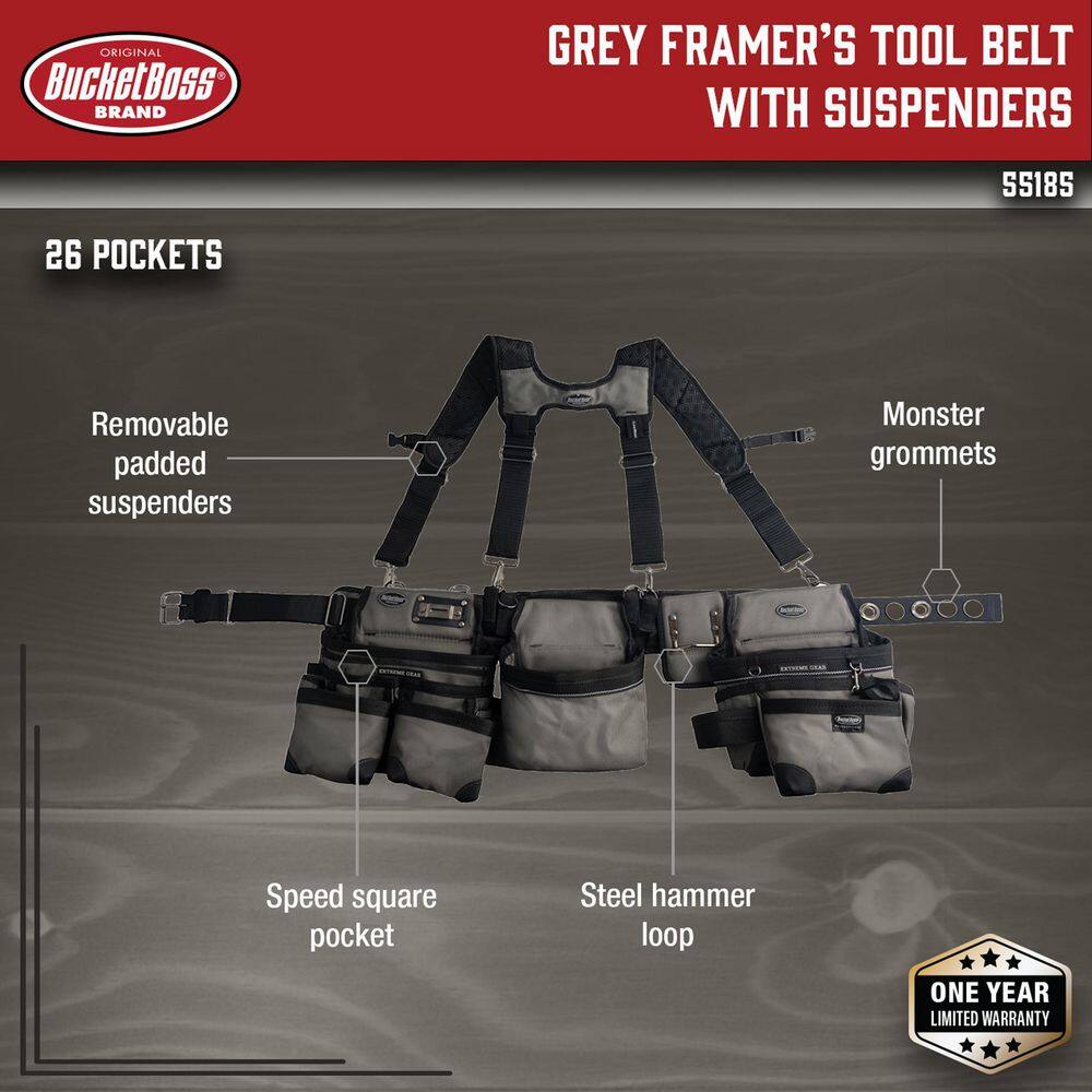 BUCKET BOSS 3-Bag Framer's Suspension Rig Work Tool Belt with Suspenders in Gray 55185