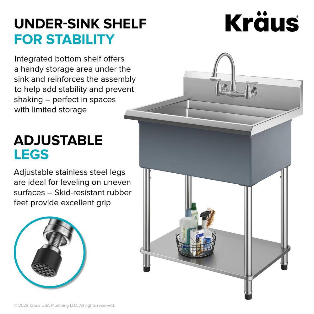 KRAUS Kore 32 in. W 18-Gauge Workstation Stainless Steel Single Bowl Commercial Utility Laundry Sink for Wall Mount Faucet KWS100-32