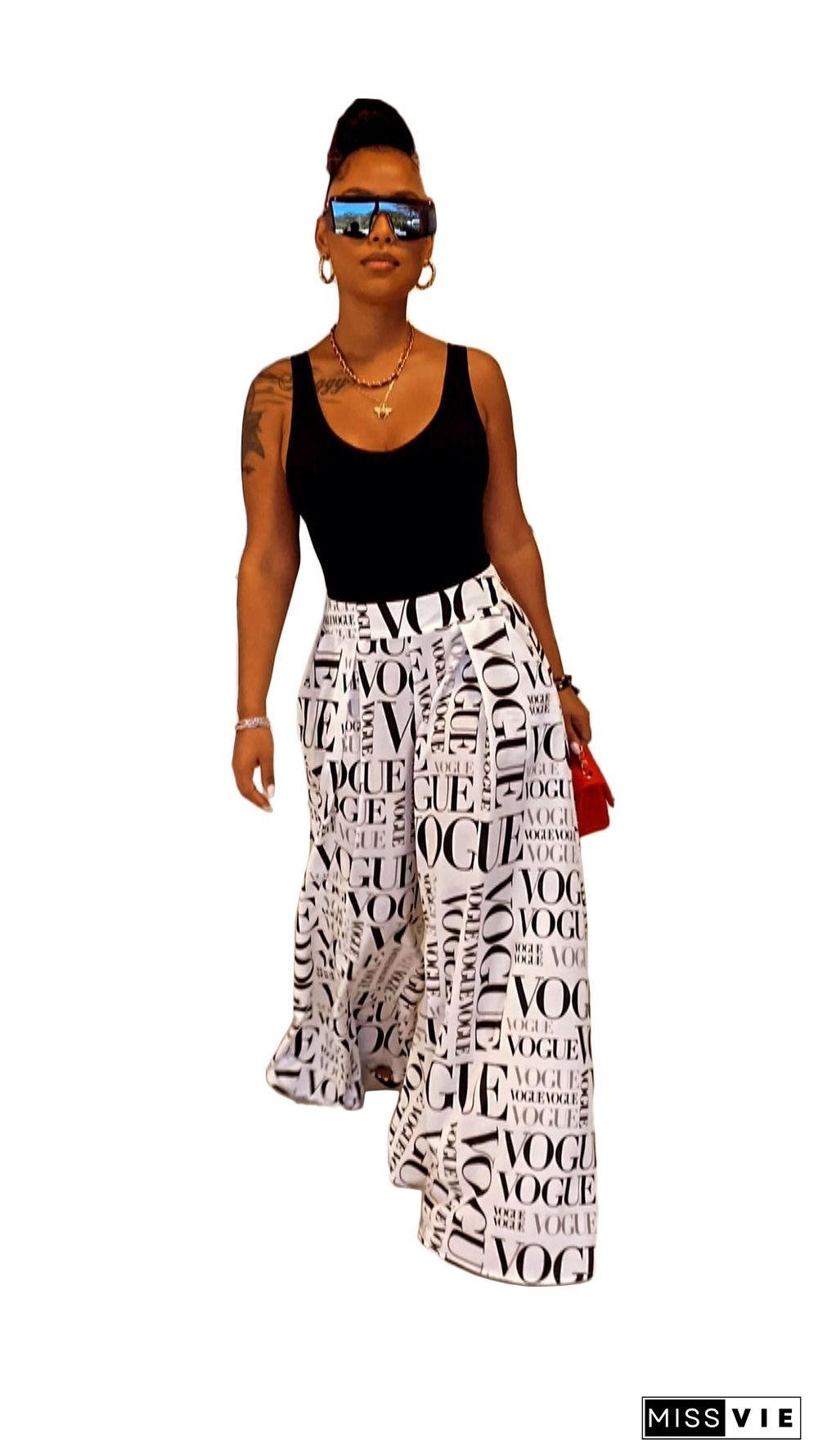 Women Casual High Waist Loose-Fitting Print Wide Leg Pants