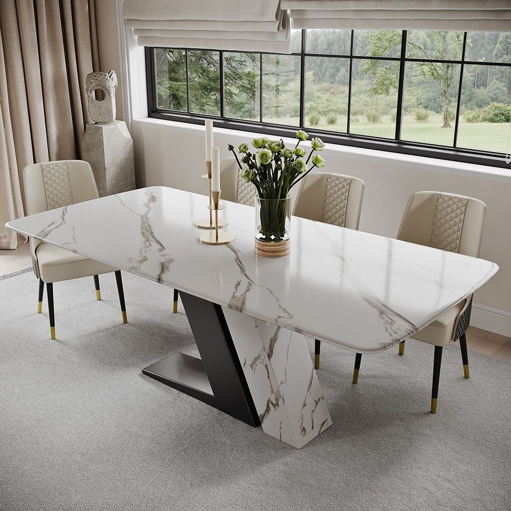 Modern and Luxury White Dining Table  with Rectangular Sintered Stone Tabletop Z shaped Stainless Steel Base