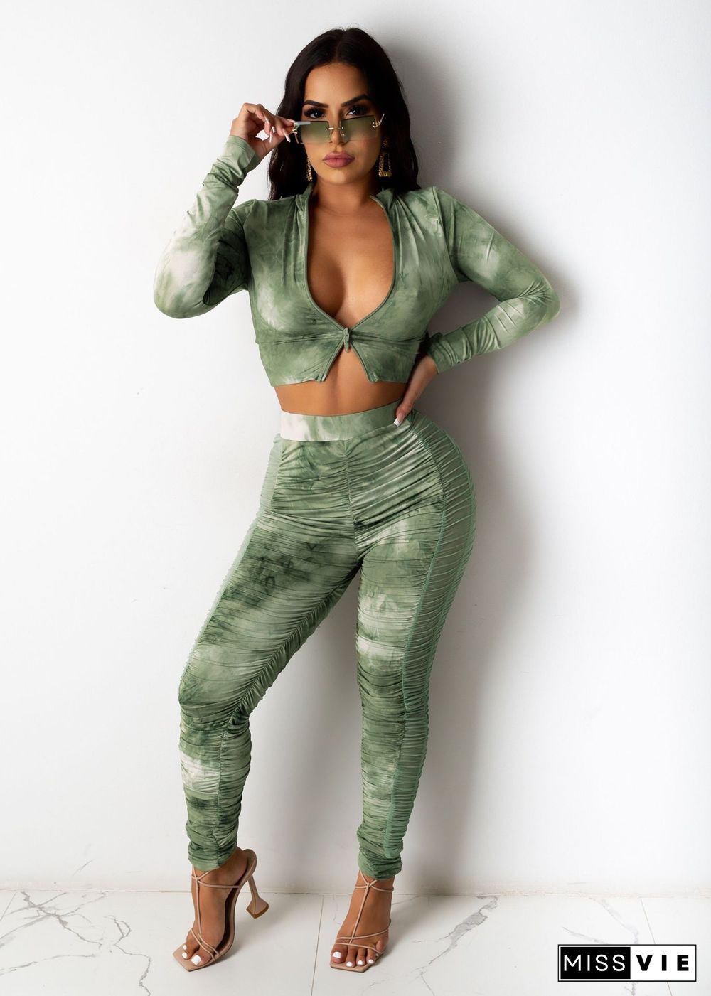 Tie Dye Zip Crop Top Pleated Stacked Pants Set