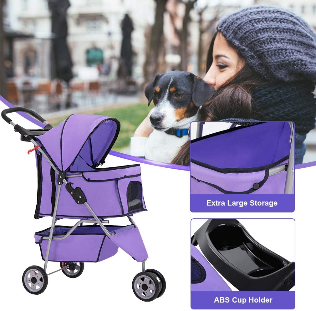 Purple Pet Stroller Cat Dog Cage 3 Wheels Stroller Travel Folding Carrier T13